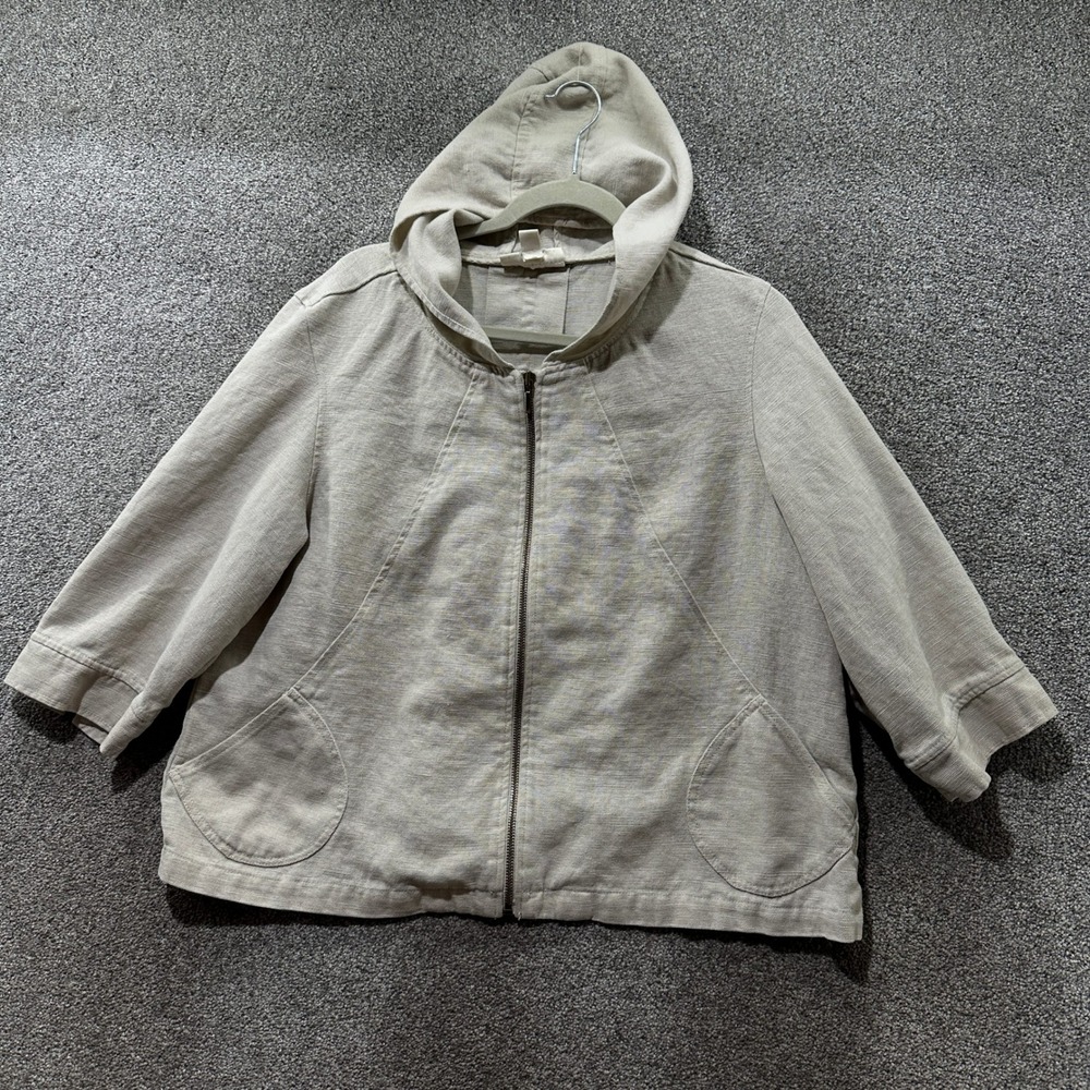 Coldwater Creek Full Zip Hoodie 3/4 Sleeve Jacket Womens Petite XL 100% Linen